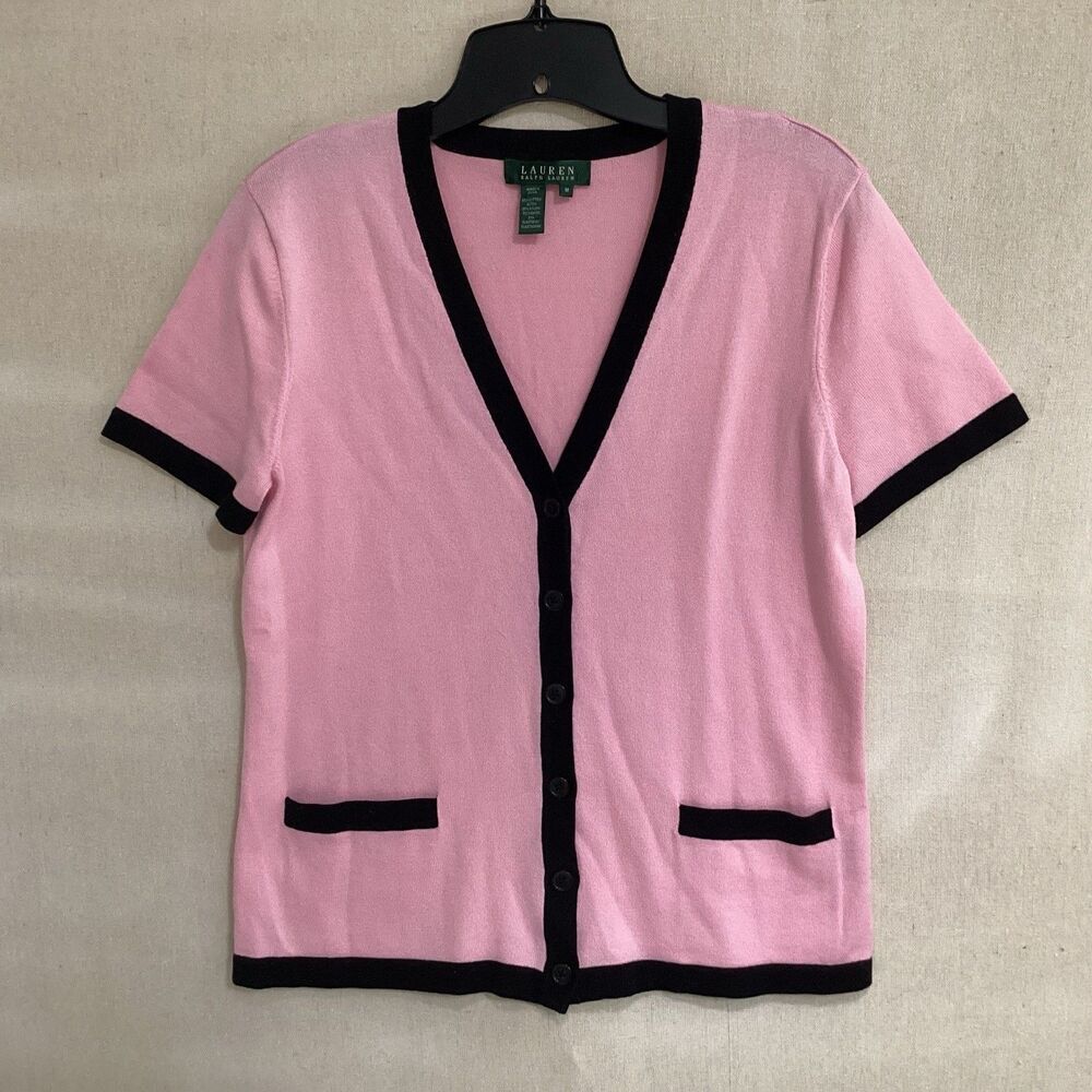 lauren ralph lauren womens sweater sz M short sleeve pink/black trim button down